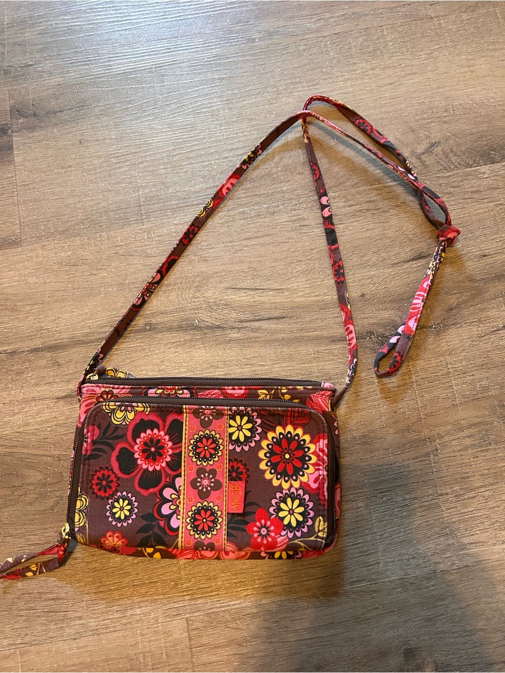 MaggieB Floral Crossbody Wallet Purse Womens Small Brown Pink Zip Shoulder Bag
